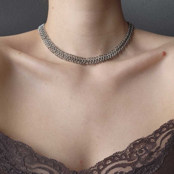Gothic Medieval silver chainmail choker necklace - Picture 6 of 9